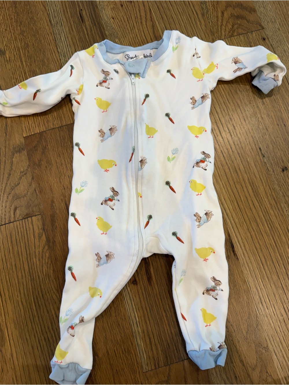 Baby One-Piece Footed Sleeper with Yellow Chick & Bunny Print - Blue Trim